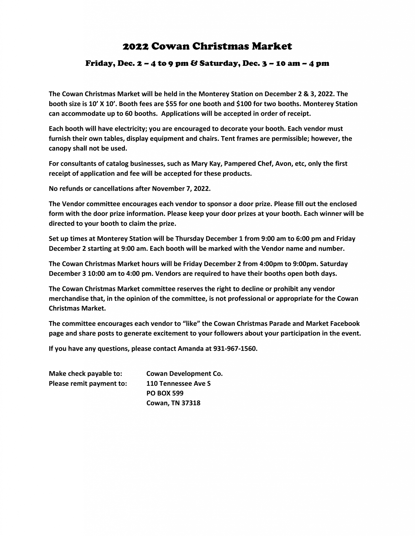 Vendor Application Cowan Christmas Parade & Market